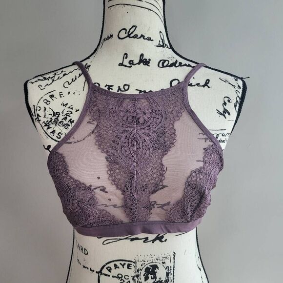 Victoria's Secret medium mauve purple bralette halter neck mesh lace racerback - Picture 1 of 12